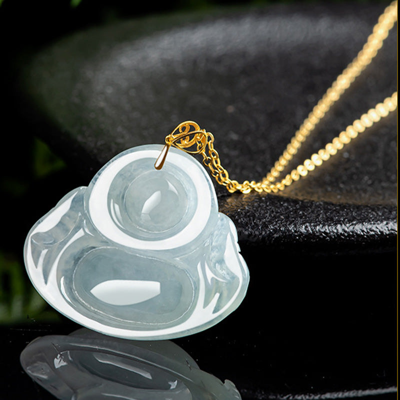 Nimara Ritual Laughing Buddha Natural Jade Abundance Titanium Steel Chain Necklace Pendant