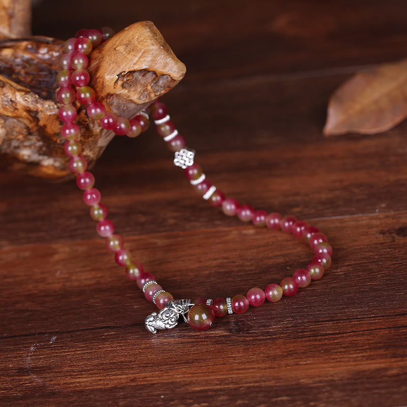 Nimara Ritual Natural Watermelon Tourmaline PiXiu Elephant Positive Triple Wrap Bracelet