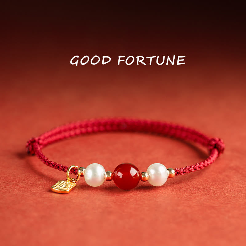 Nimara Ritual 925 Sterling Silver Good Fortune Fu Character Agate Pearl Red String Braid Bracelet