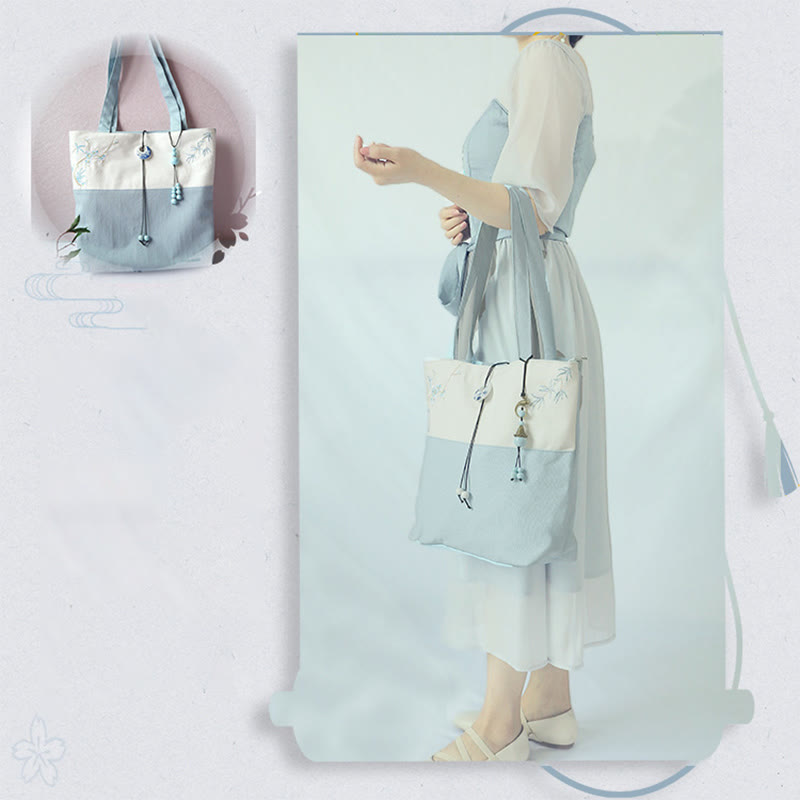 Nimara Ritual Pear Flower Plum Peach Blossom Bamboo Embroidery Canvas Large Capacity Shoulder Bag Tote Bag