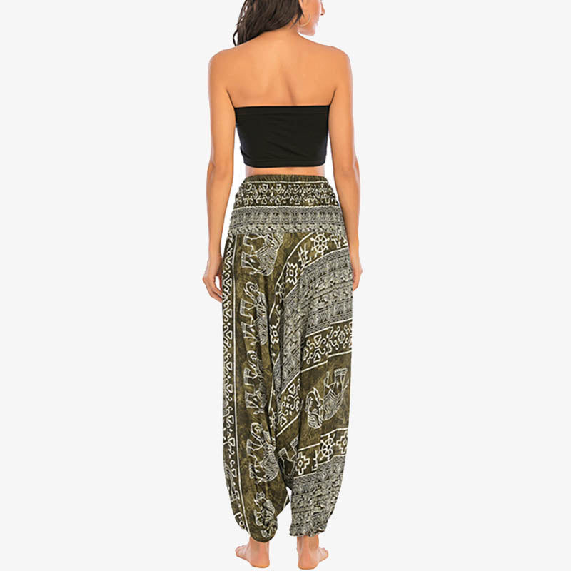 Nimara Ritual Two Style Wear Elephant Pattern Loose Smocked Harem Trousers Jumpsuit Women's Yoga Pants