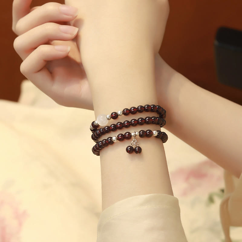 Nimara Ritual 925 Sterling Silver Natural Garnet Cat Eye Protection Triple Wrap Bracelet
