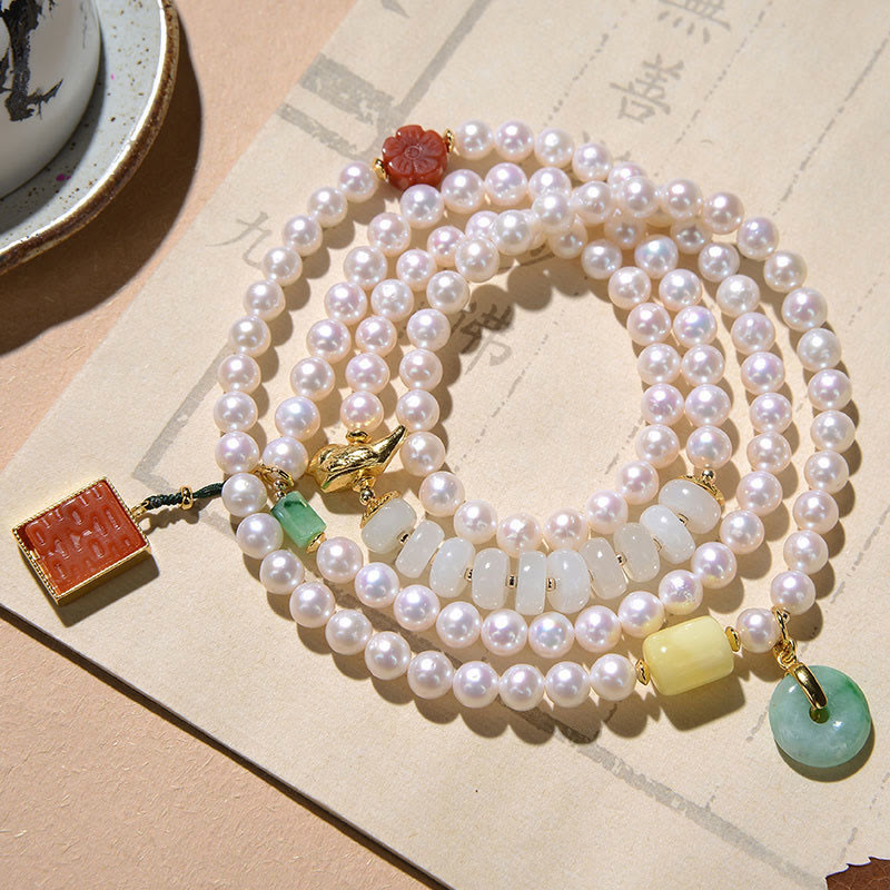 Nimara Ritual 925 Sterling Silver Pearl Hetian Jade Red Agate Double Happiness Amber Luck Quadruple Wrap Bracelet