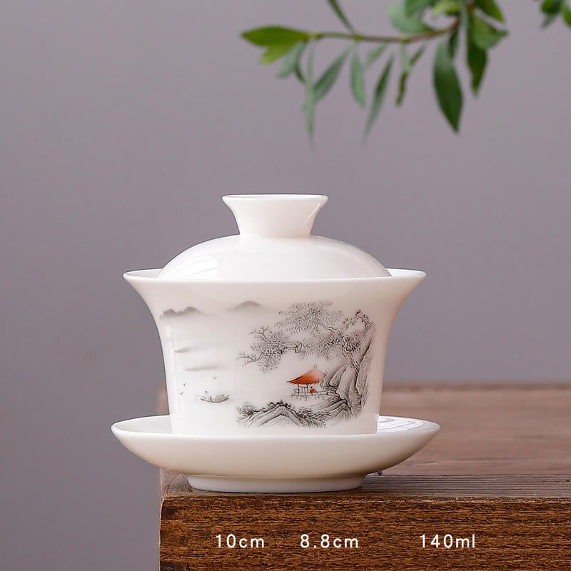 Nimara Ritual White Porcelain Mountain Landscape Countryside Ceramic Gaiwan Teacup Kung Fu Tea Cup And Saucer With Lid