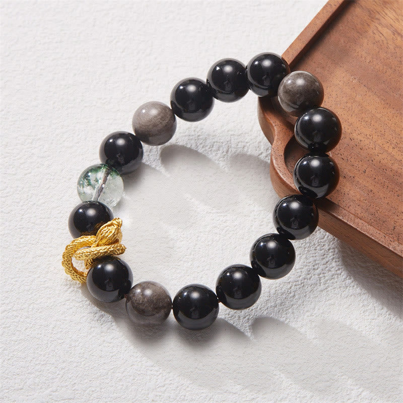 Nimara Ritual Natural Silver Sheen Obsidian Dragon Green Phantom Protection Bracelet