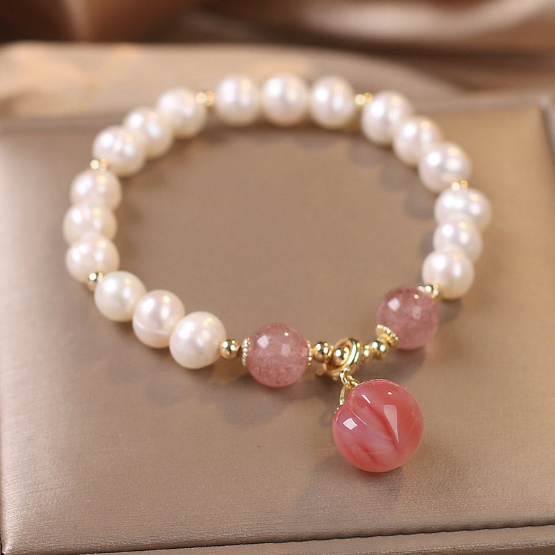 Nimara Ritual Natural Pearl Strawberry Quartz Peach Love Heart Wisdom Charm Bracelet