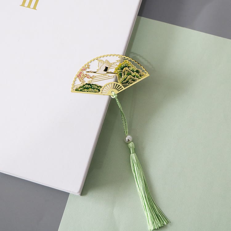 Nimara Ritual Traditional Butterfly Lotus Flower Crane Dragon Phoenix Fox Koi Fish New Beginning Metal Brass Hollow Fan Bookmarks
