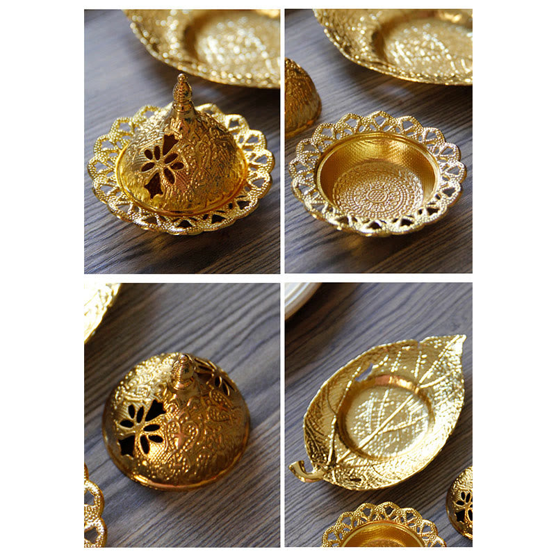 Nimara Ritual Tibetan Gold Mini Leaf Coaster Meditation Incense Burner