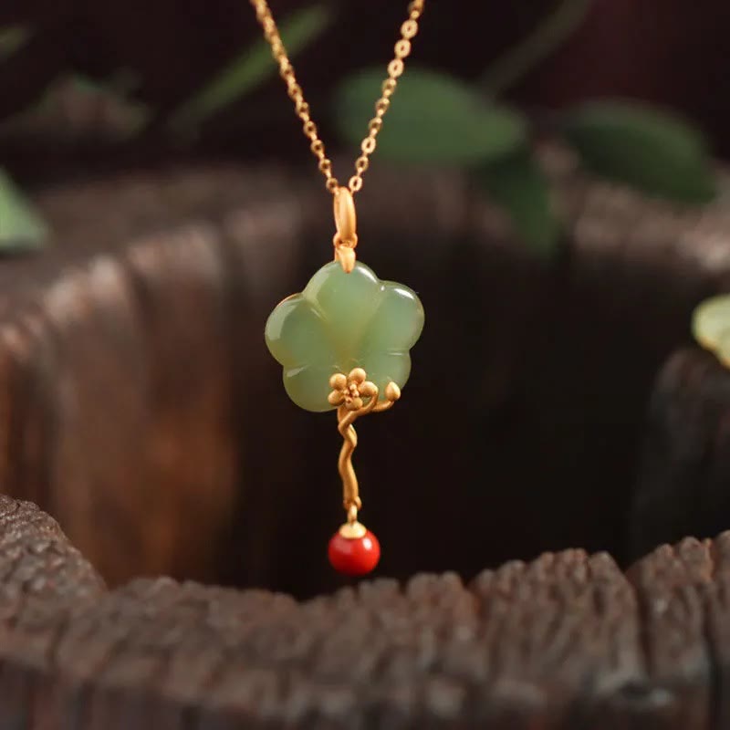 Nimara Ritual Vintage Plum Blossom Flower Jade Red Agate Prosperity Necklace Pendant