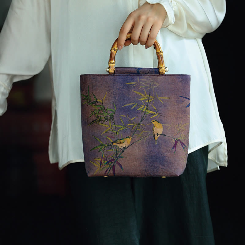 Nimara Ritual Purple Magpie Birds Branches Bamboo Handles Handbag