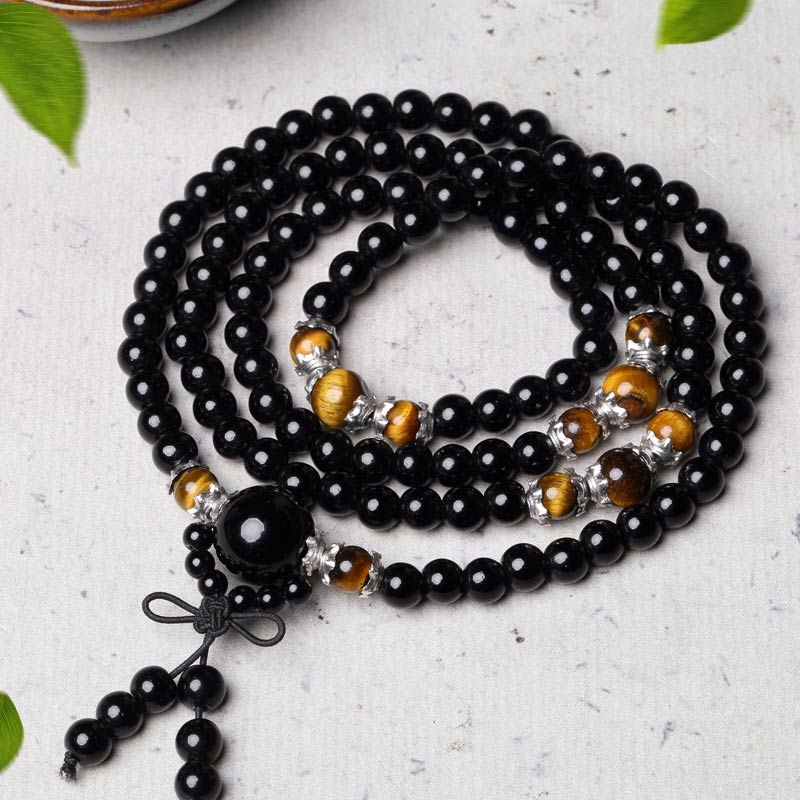 Nimara Ritual 108 Beads Natural Black Obsidian Tiger Eye Mala Bracelet