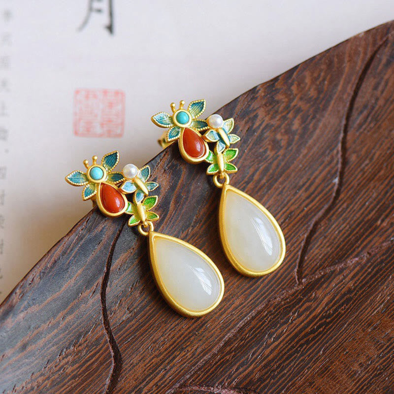 Nimara Ritual Water Drop White Jade Red Agate Butterfly Protection Drop Dangle Earrings