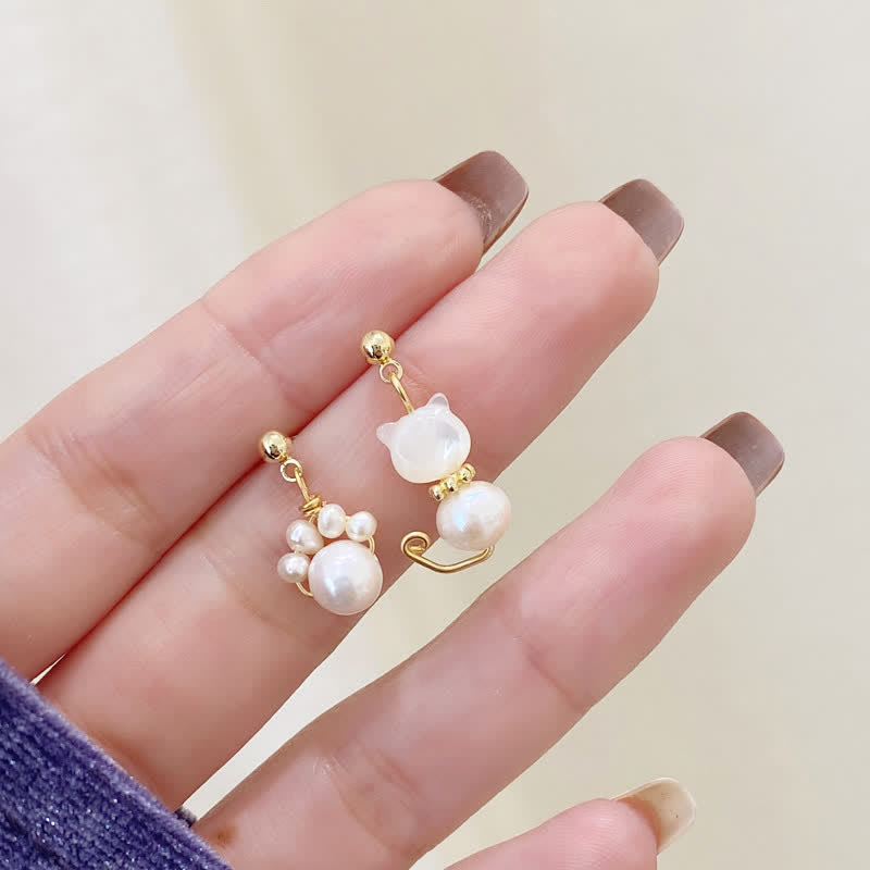 Nimara Ritual Cute Cat Paw Pearl Wisdom Stud Drop Earrings
