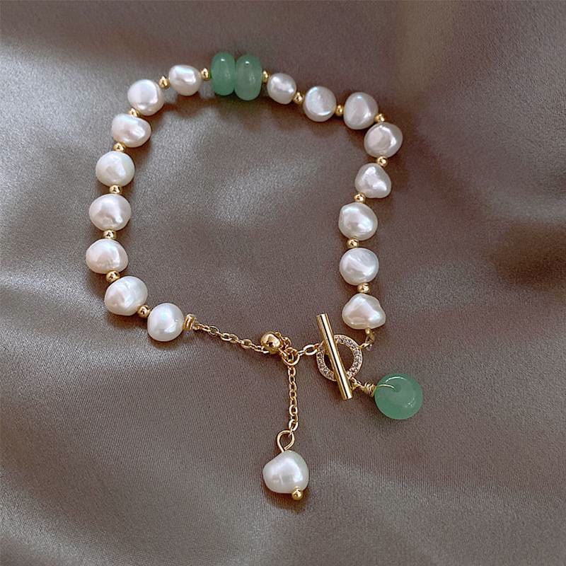 Nimara Ritual Pearl Green Strawberry Quartz Bead Healing Chain Bracelet