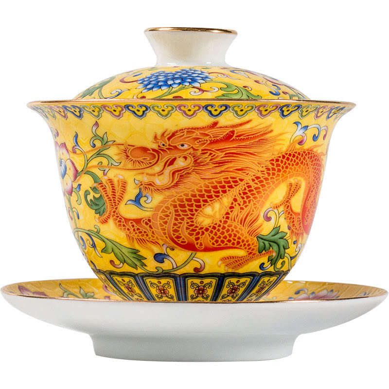 Nimara Ritual Dragon Phoenix Flower Design Ceramic Gaiwan Sancai Teacup Kung Fu Tea Cup And Saucer With Lid
