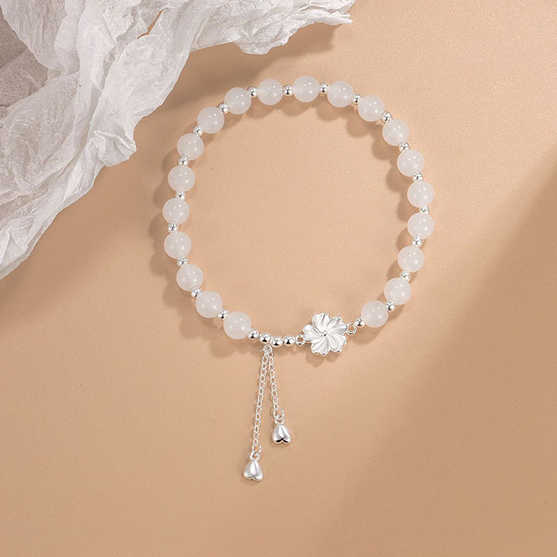 Nimara Ritual White Jade Peach Blossom Petals Flower Luck Bracelet