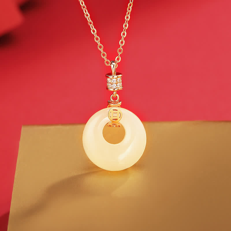 Nimara Ritual 925 Sterling Silver Hetian White Jade Coin Flower Peace Buckle Luck Necklace Pendant