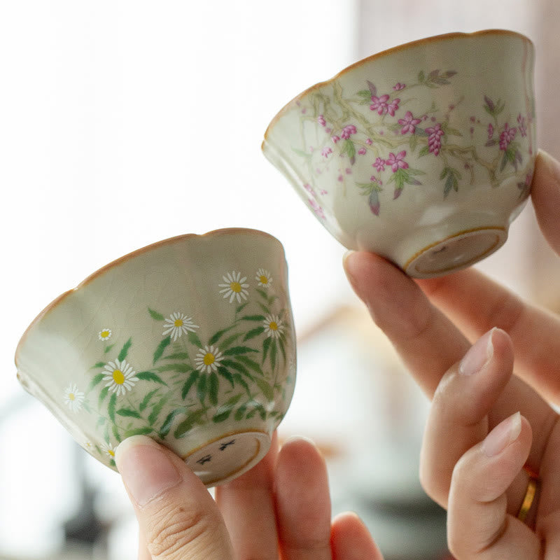 Nimara Ritual Peach Blossom Daisy Flower Ceramic Teacup Kung Fu Tea Cups