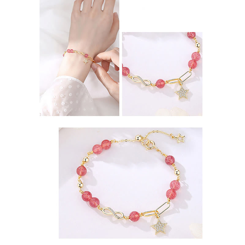 Nimara Ritual 14K Gold Plated Natural Strawberry Quartz Moonstone MAbius Loop Eternal Love Star Positive Bracelet