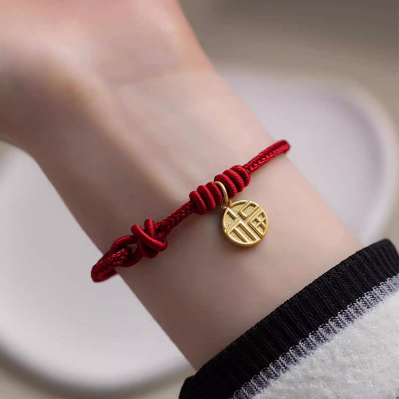 Nimara Ritual Handmade Eight Thread Peace Knot Fu Character Charm Luck Happiness Red Rope Bracelet
