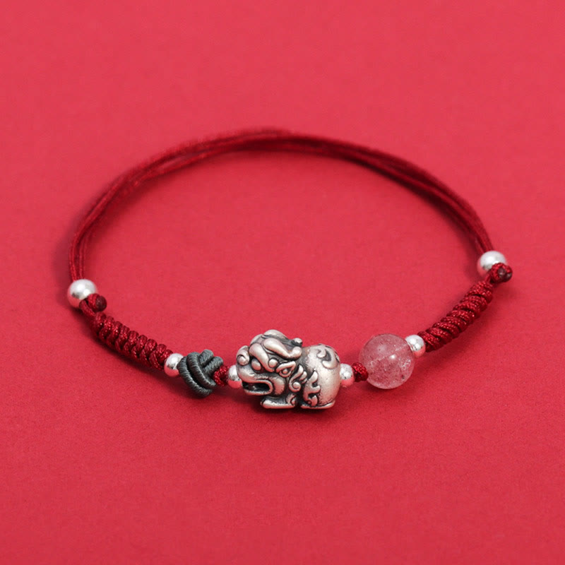 Nimara Ritual 999 Sterling Silver PiXiu Strawberry Quartz Bead Wealth Luck Braided Bracelet