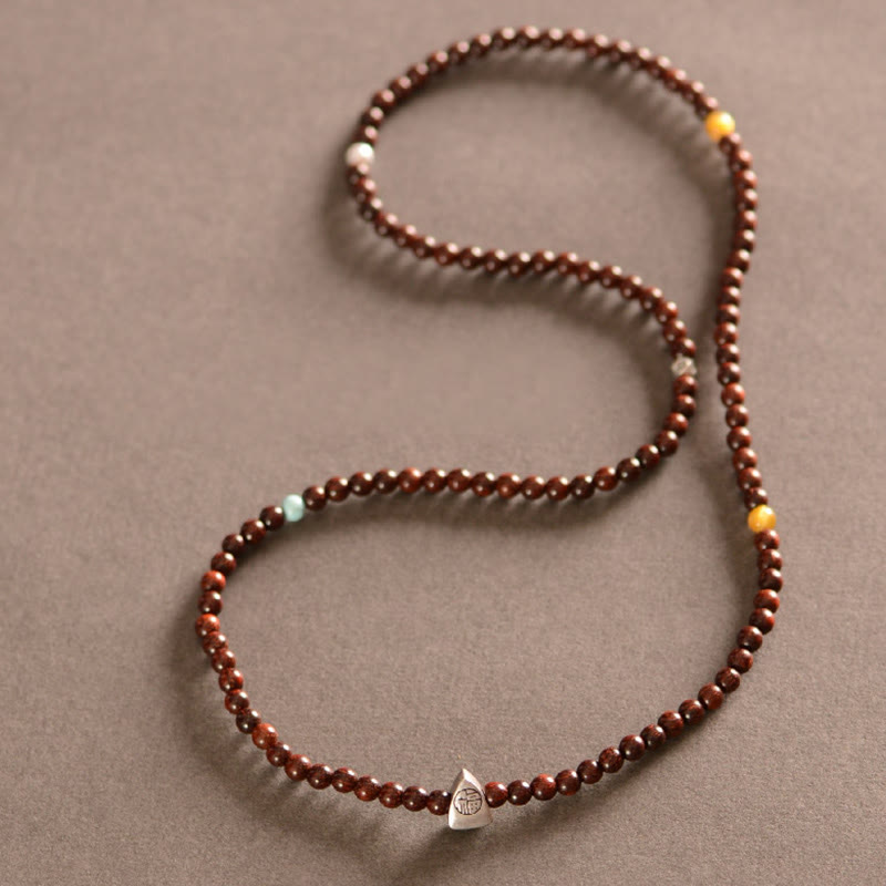 Nimara Ritual 925 Sterling Silver Indian Small Leaf Red Sandalwood Fu Character Protection Triple Wrap Bracelet