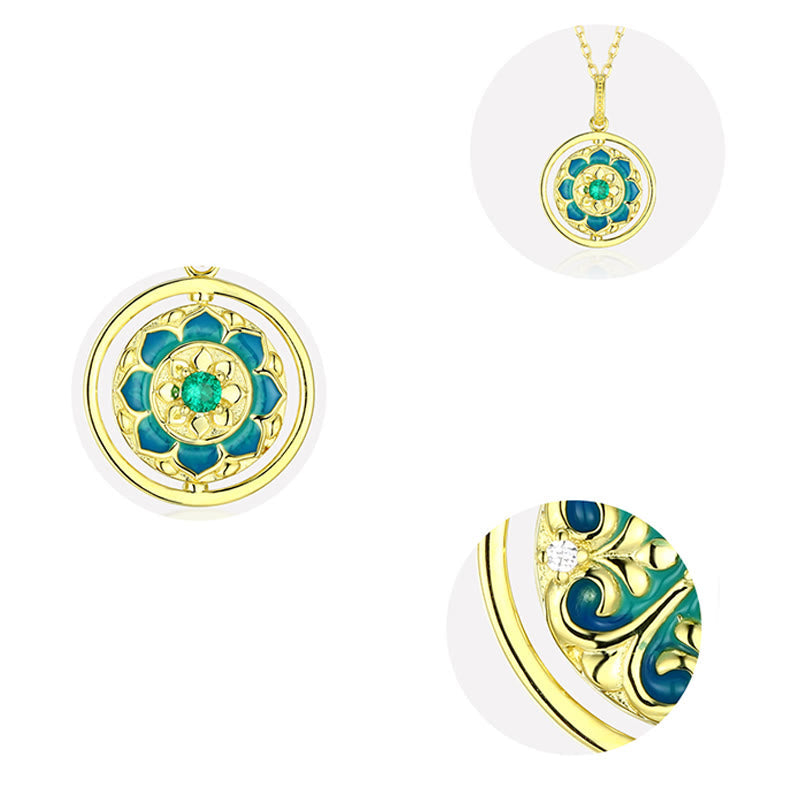 Nimara Ritual 925 Sterling Silver Lotus Flower Floral Zircon Enlightenment Rotatable Necklace Pendant