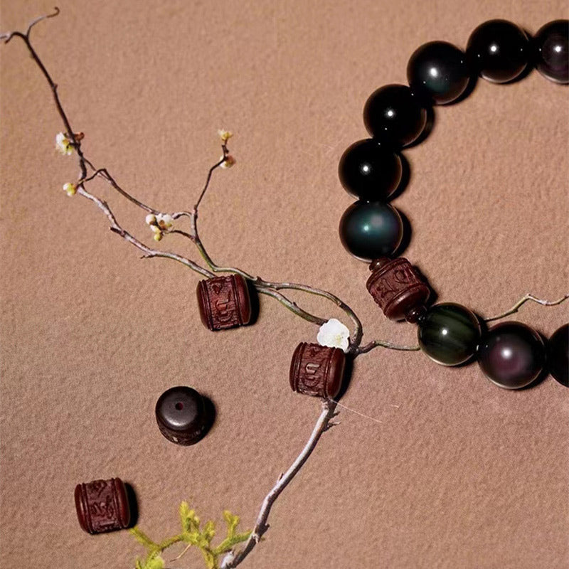 Nimara Ritual Natural Gold Sheen Obsidian Rainbow Obsidian Om Mani Padme Hum Fu Character Healing Bracelet