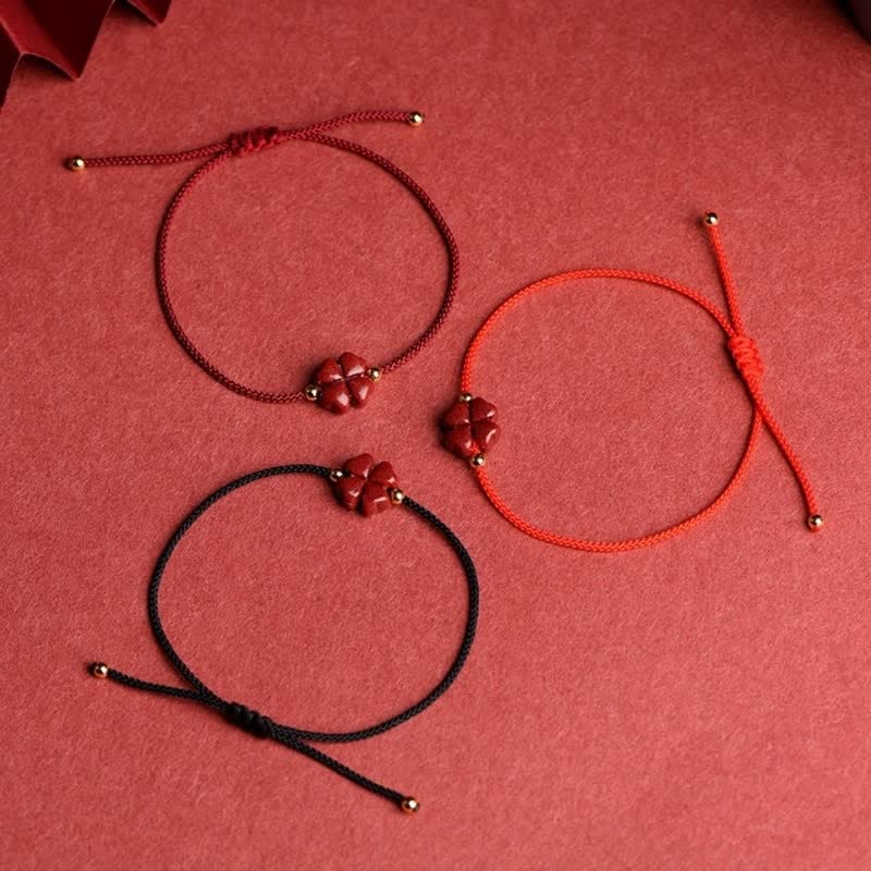Nimara Ritual Natural Cinnabar Four Leaf Clover Blessing Red String Bracelet Anklet