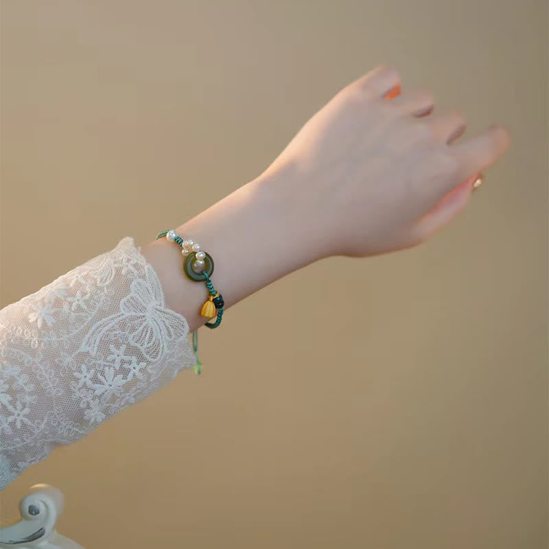 Nimara Ritual Natural Hetian Jade Peace Buckle Pearl Luck Handcrafted Braided Bracelet