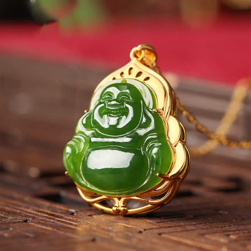 Nimara Ritual 925 Sterling Silver Natural Hetian Cyan Jade Laughing Buddha 18K Gold Healing Necklace Chain Pendant