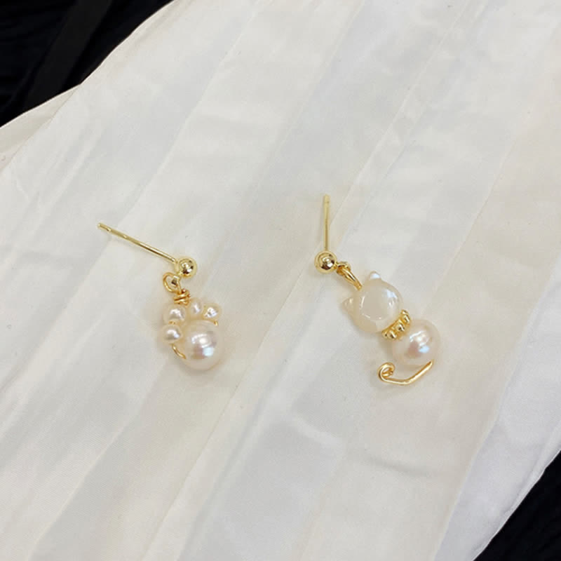 Nimara Ritual Cute Cat Paw Pearl Wisdom Stud Drop Earrings