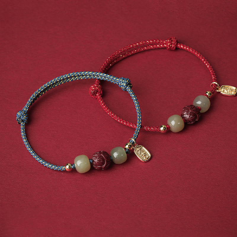 Nimara Ritual 14K Gold Plated Hetian Jade Cinnabar Lotus Luck Handcrafted Rope Bracelet