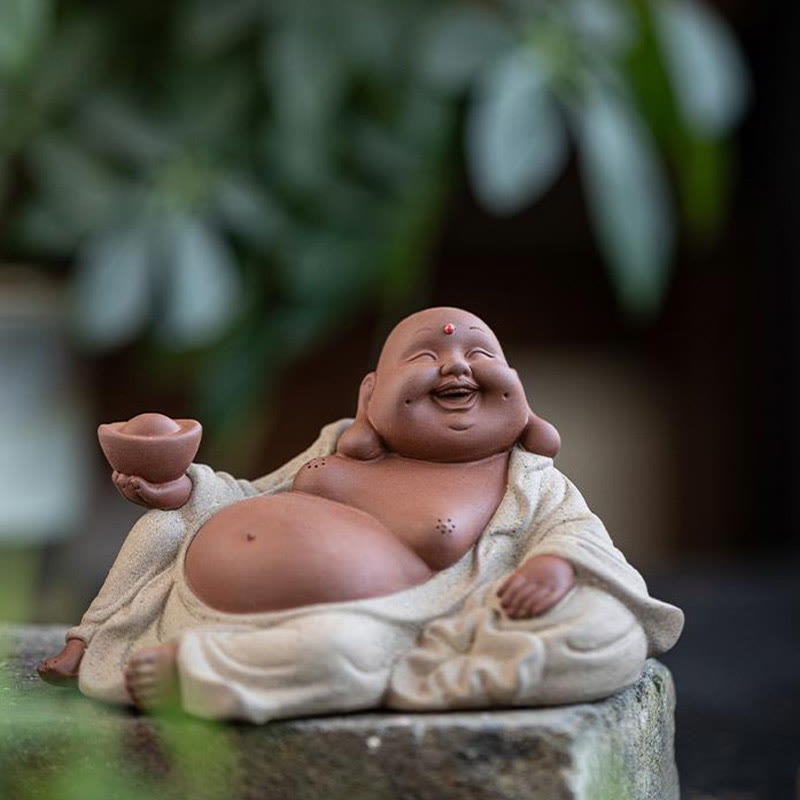 Nimara Ritual Laughing Buddha Ingots Attract Wealth Purple Clay Maitreya Statue Decoration