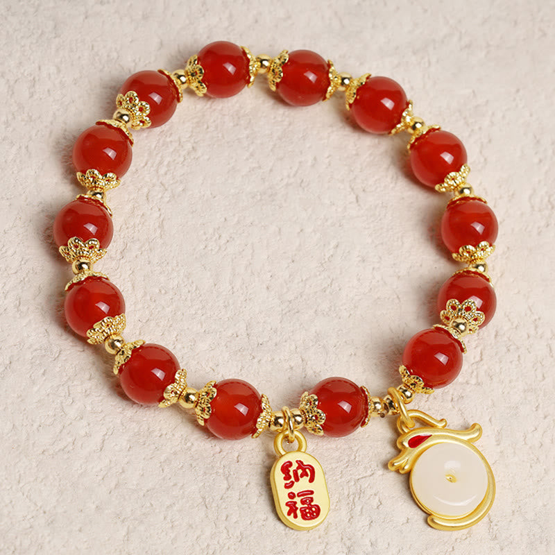 Nimara Ritual Year of the Dragon Red Agate Green Aventurine Peace Buckle Fu Character Lucky Fortune Bracelet