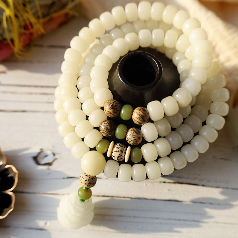 Nimara Ritual White Jade Bodhi Lotus Mala Harmony Necklace Bracelet