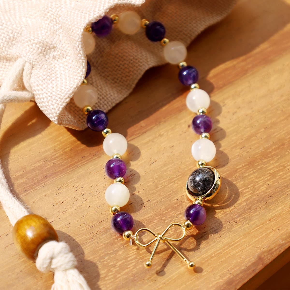 Nimara Ritual Amethyst Cat Eye Black Rutilated Quartz Spiritual Bead Bracelet