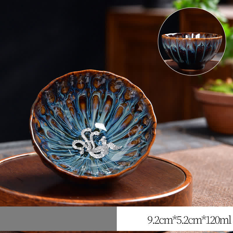 Nimara Ritual Lotus Peacock Dragon Phoenix Koi Fish Ceramic Teacup Inlaid Tea Cups 120ml