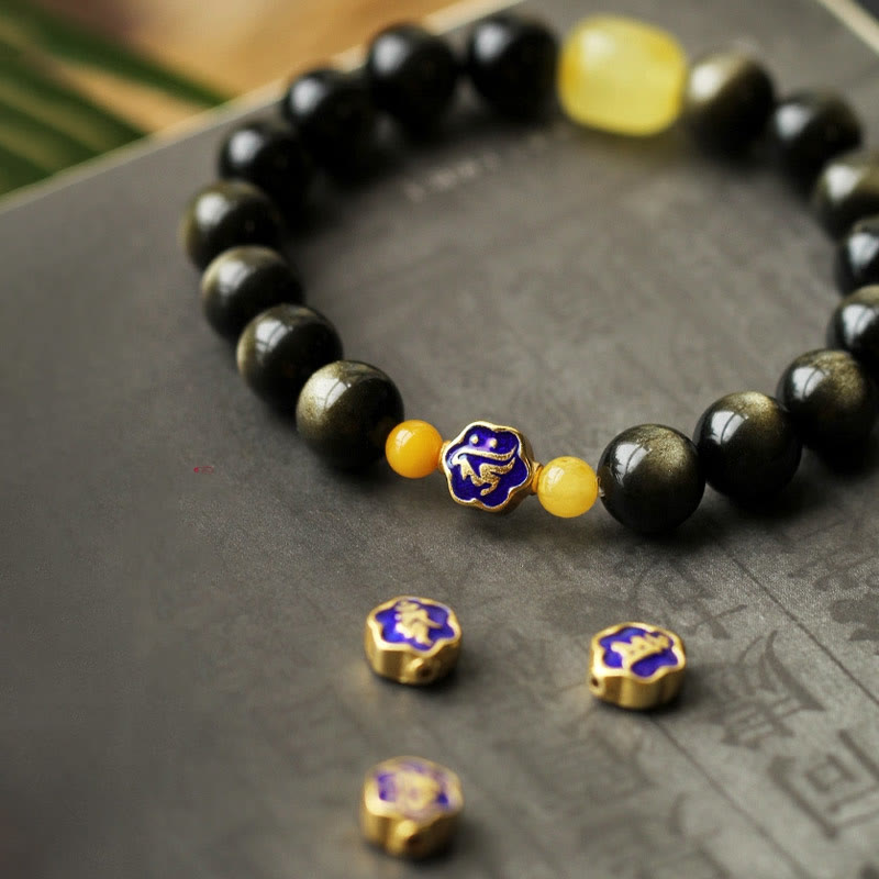 Nimara Ritual 925 Sterling Silver Chinese Zodiac Natal Buddha Natural Gold Sheen Obsidian Amber Wealth Protection Bracelet