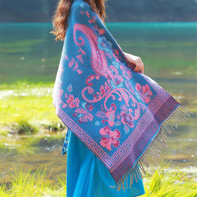 Nimara Ritual Tibetan Flowers Leaves Pattern Design Shawl Cozy Travel Scarf Wrap