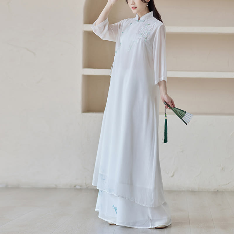 Nimara Ritual Bamboo Cheongsam Dress Midi Dress Wide Leg Pants Meditation Spiritual Zen Practice Clothing
