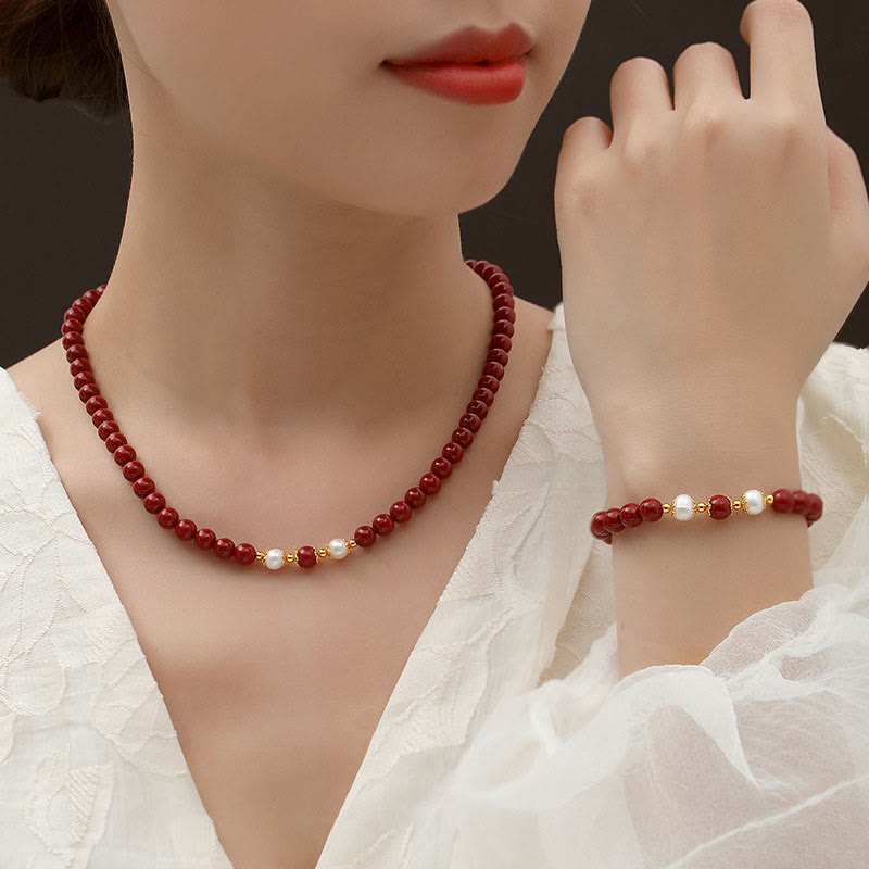 Nimara Ritual 925 Sterling Silver Natural Cinnabar Pearl Blessing Necklace Pendant Bracelet Earrings Jewelry Set