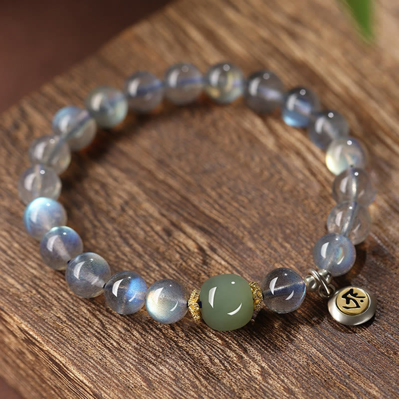 Nimara Ritual Chinese Zodiac Natal Buddha 925 Sterling Silver Natural Moonstone Hetian Jade Positive Bracelet