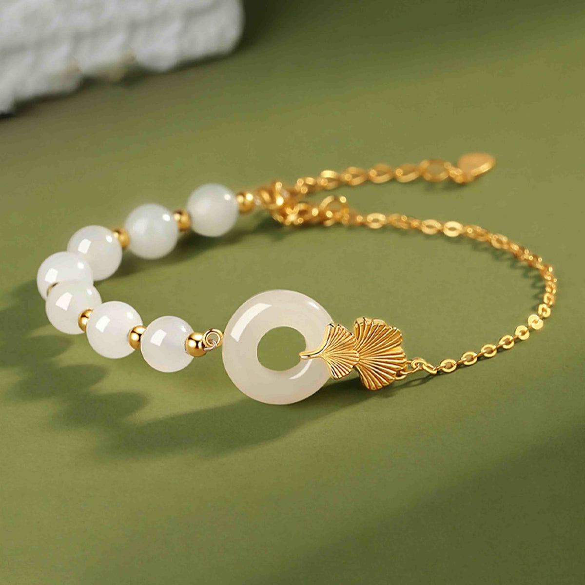 Nimara Ritual 925 Sterling Silver Hetian White Jade Peace Buckle Ginkgo Leaf Luck Bracelet