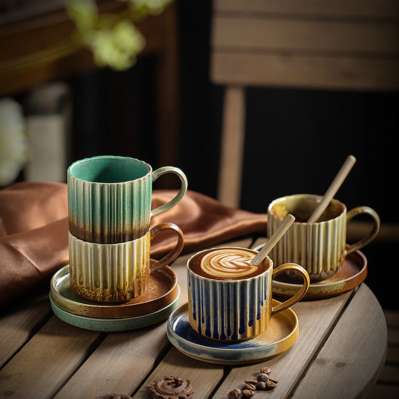 Nimara Ritual Retro Striped Kiln Change Ceramic Coffee Mug Rough Pottery Tea Coffee Cup With Saucer 250ml