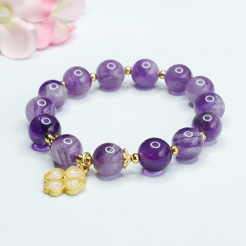 Nimara Ritual Natural Amethyst Crystal Inner Peace Four Leaf Clover Charm Bracelet