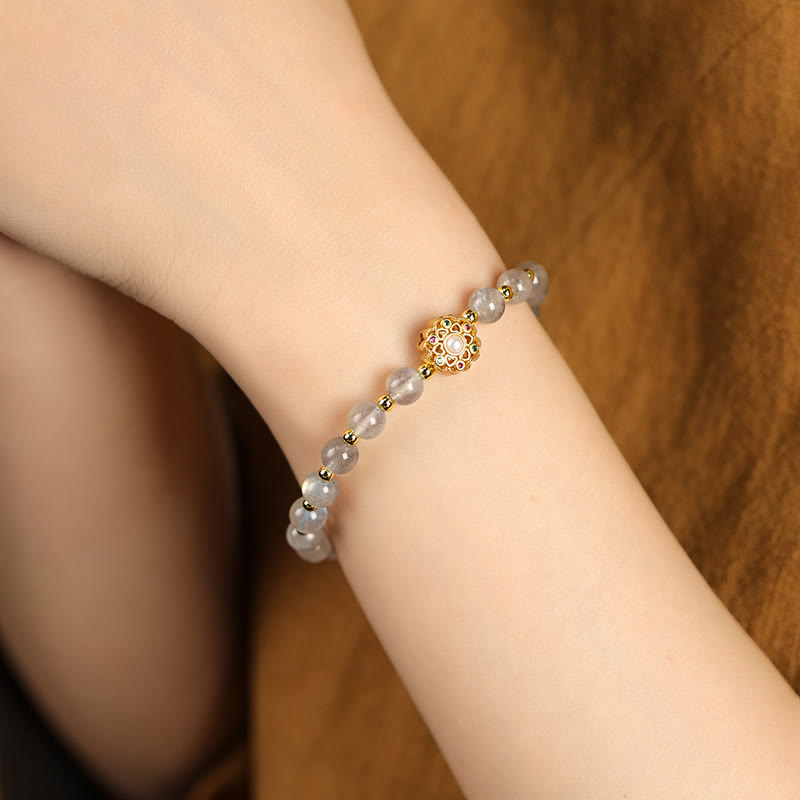Nimara Ritual 14K Gold Plated Natural Strawberry Quartz Labradorite Sun Stone Fu Character Positive Charm Bracelet