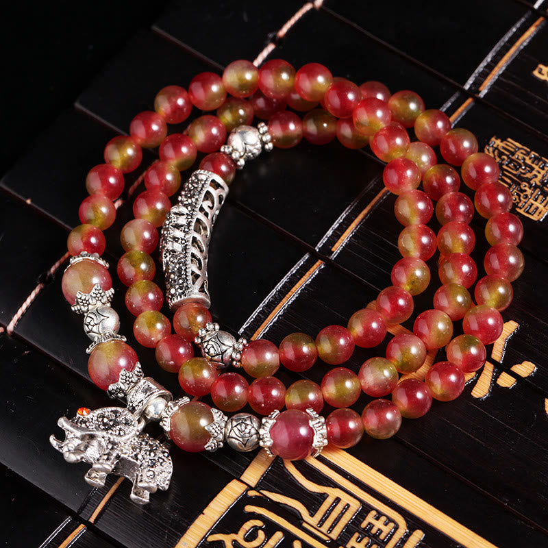 Nimara Ritual Natural Watermelon Tourmaline PiXiu Elephant Positive Triple Wrap Bracelet