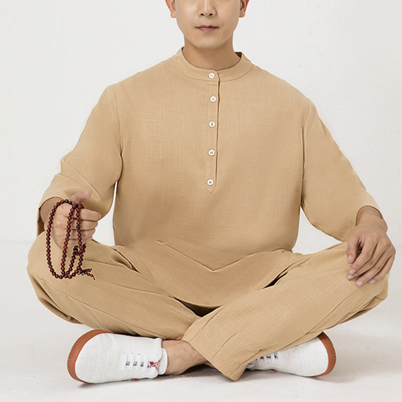 Nimara Ritual 2Pcs Buttons Men's Three Quarter Sleeve Shirt Top Pants Meditation Zen Tai Chi Cotton Linen Clothing Set