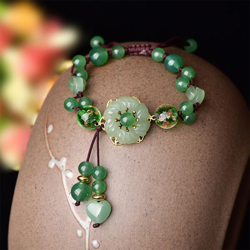 Nimara Ritual Natural Green Jade Luck Dangling Flower Bracelet